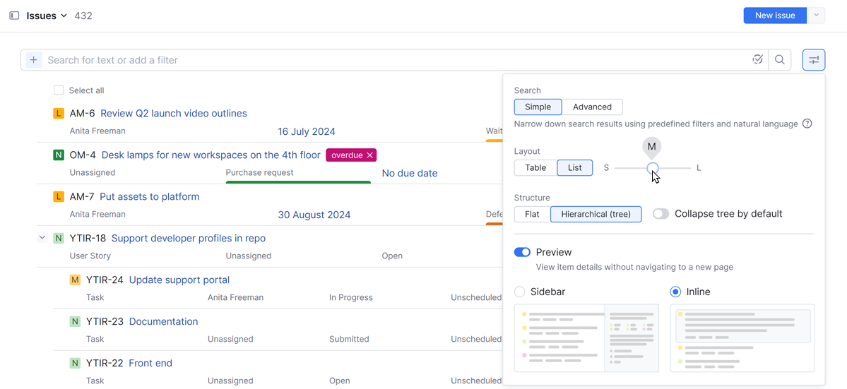 Issues list view modes Issues list view modes