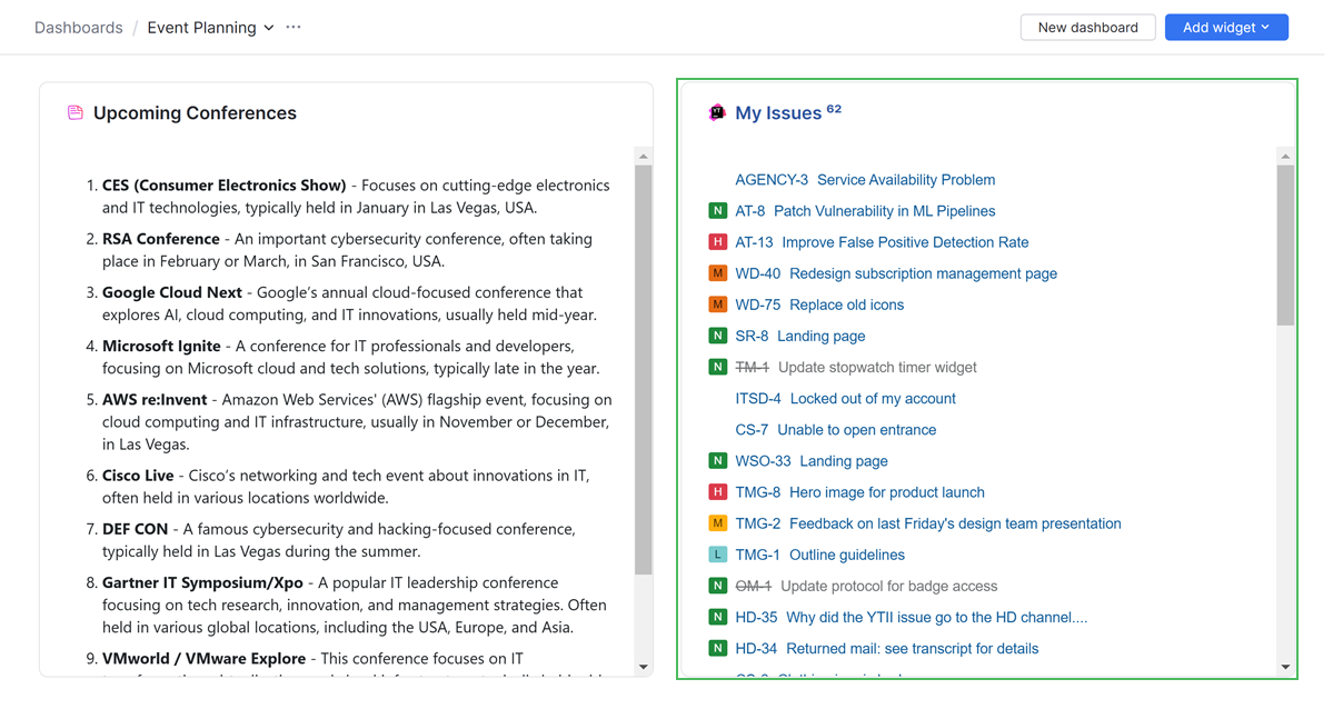 Issue List widget saved Issue List widget saved