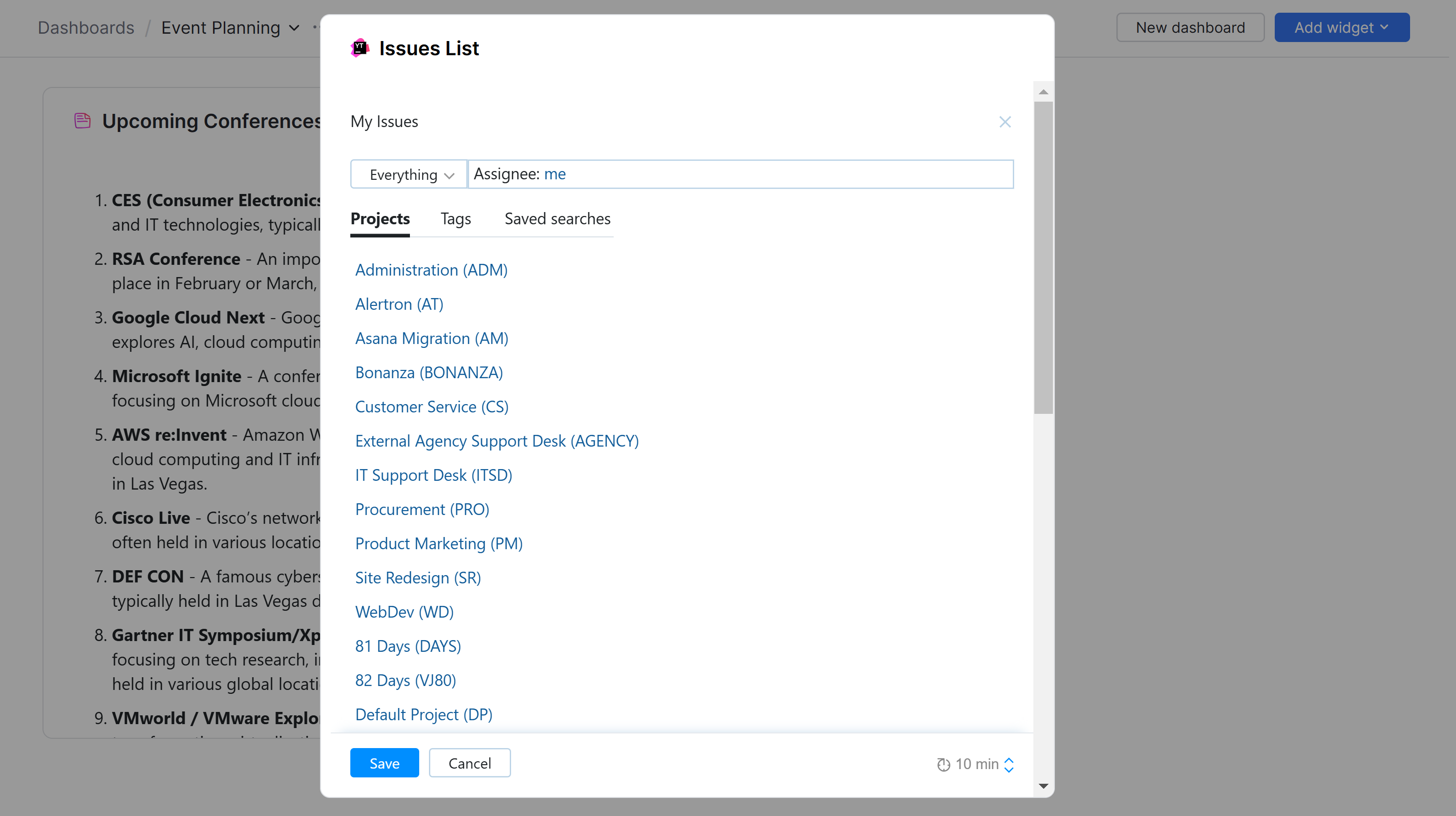 Issue List widget settings Issue List widget settings