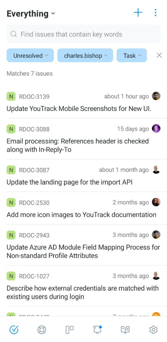 The Issues list in YouTrack Mobile. The Issues list in YouTrack Mobile.