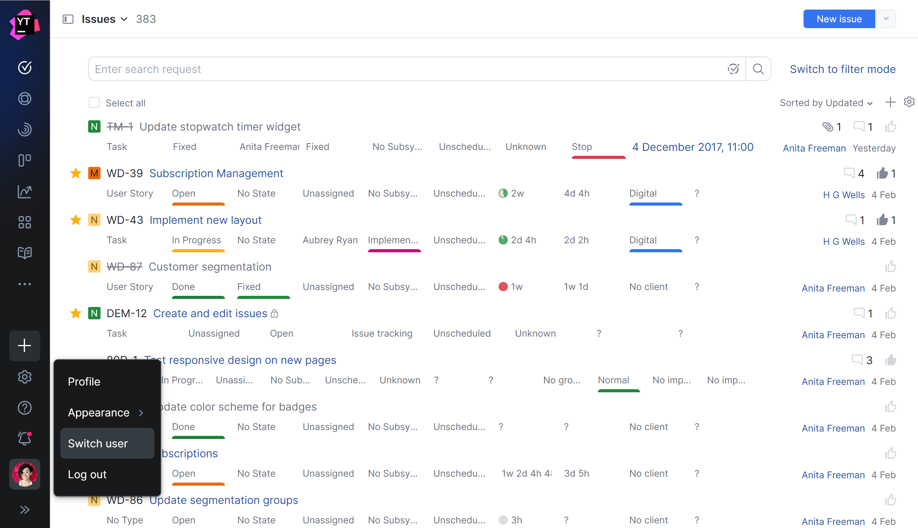 Menu option for switching user accounts. Menu option for switching user accounts.