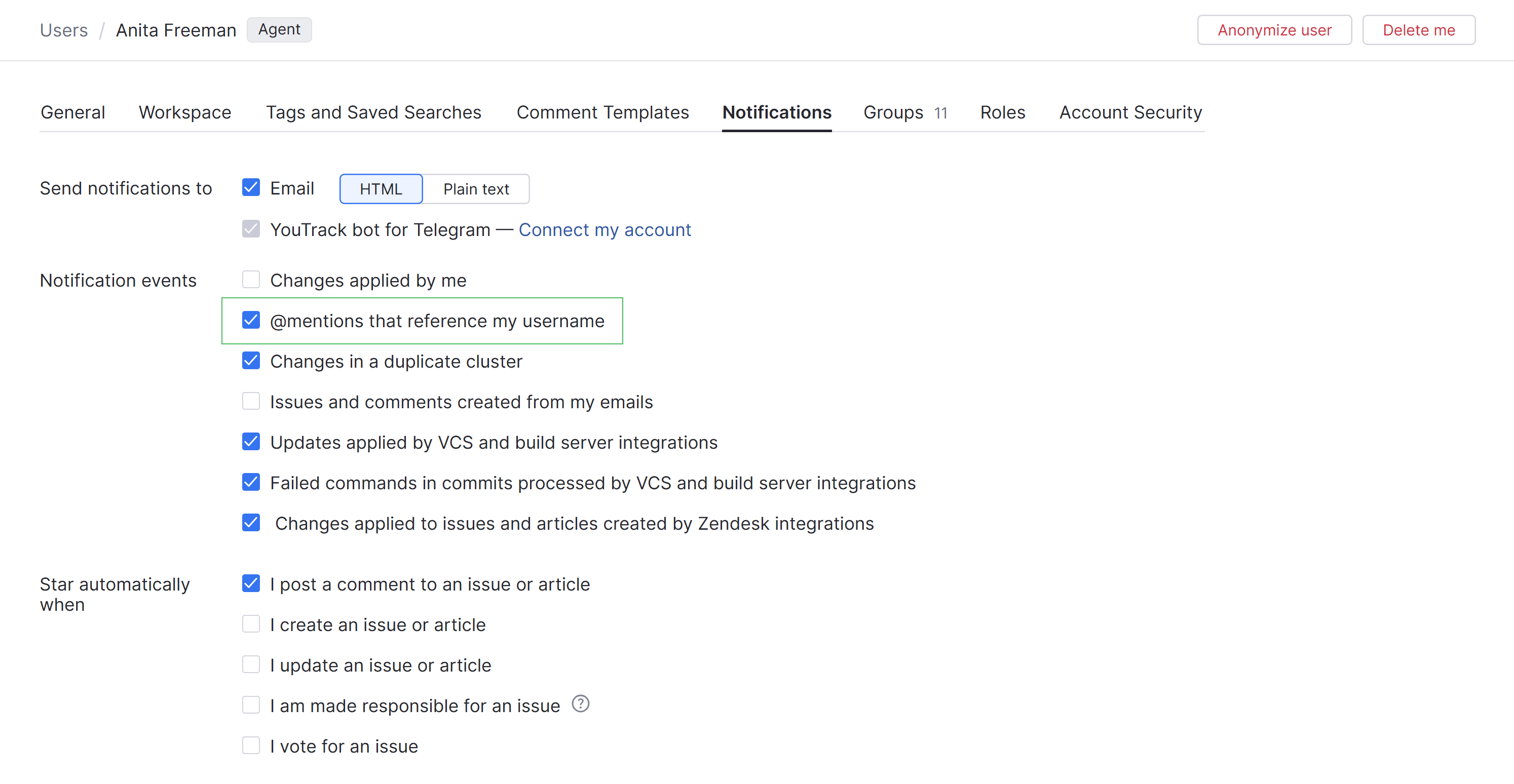 Notification preference for mentions in the YouTrack profile. Notification preference for mentions in the YouTrack profile.