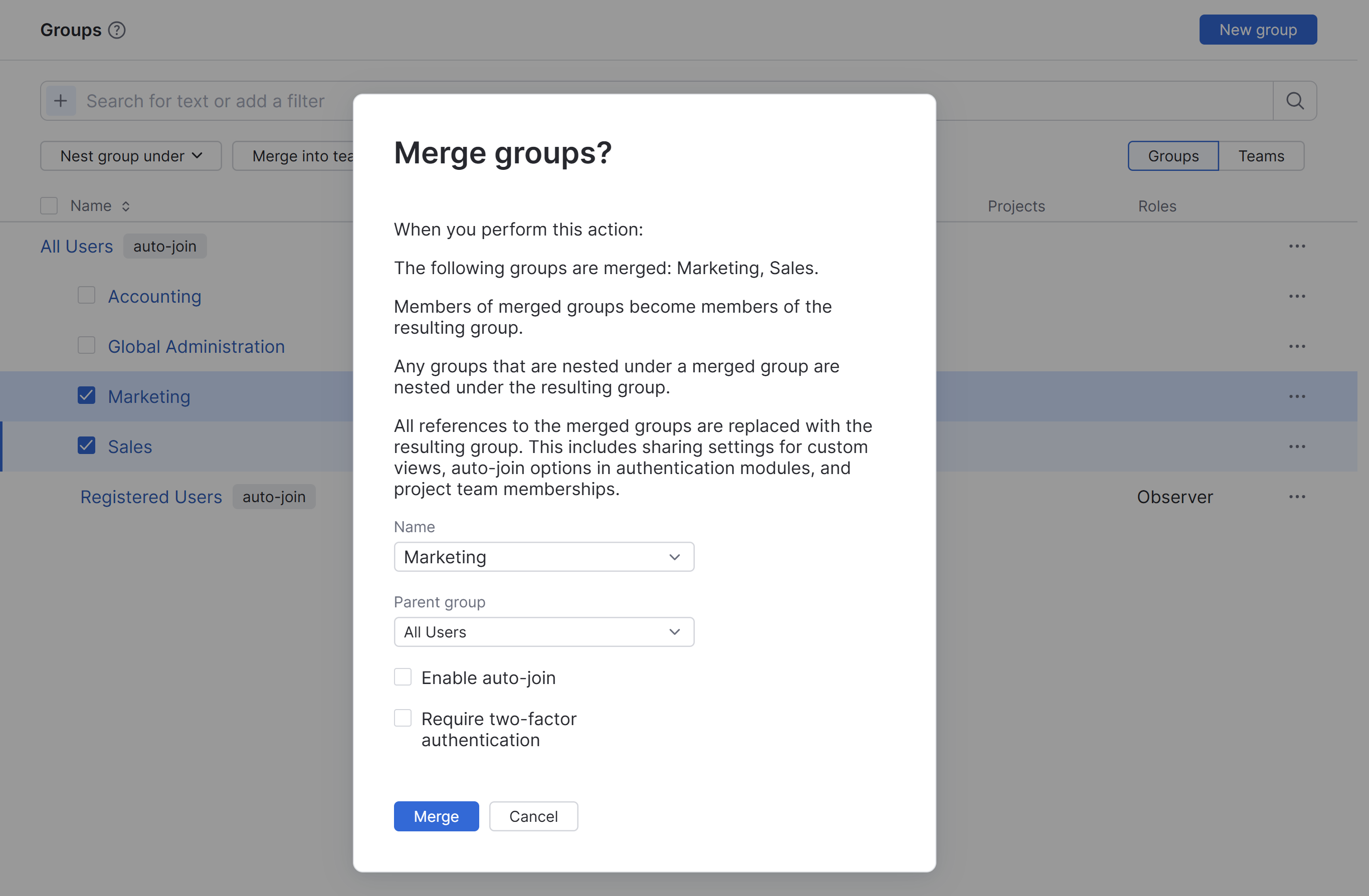 The dialog for merging multiple groups. The dialog for merging multiple groups.