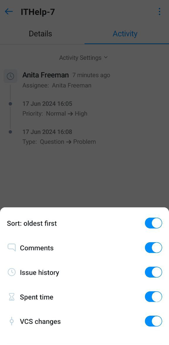 Activity settings for single ticket in YouTrack Mobile. Activity settings for single ticket in YouTrack Mobile.