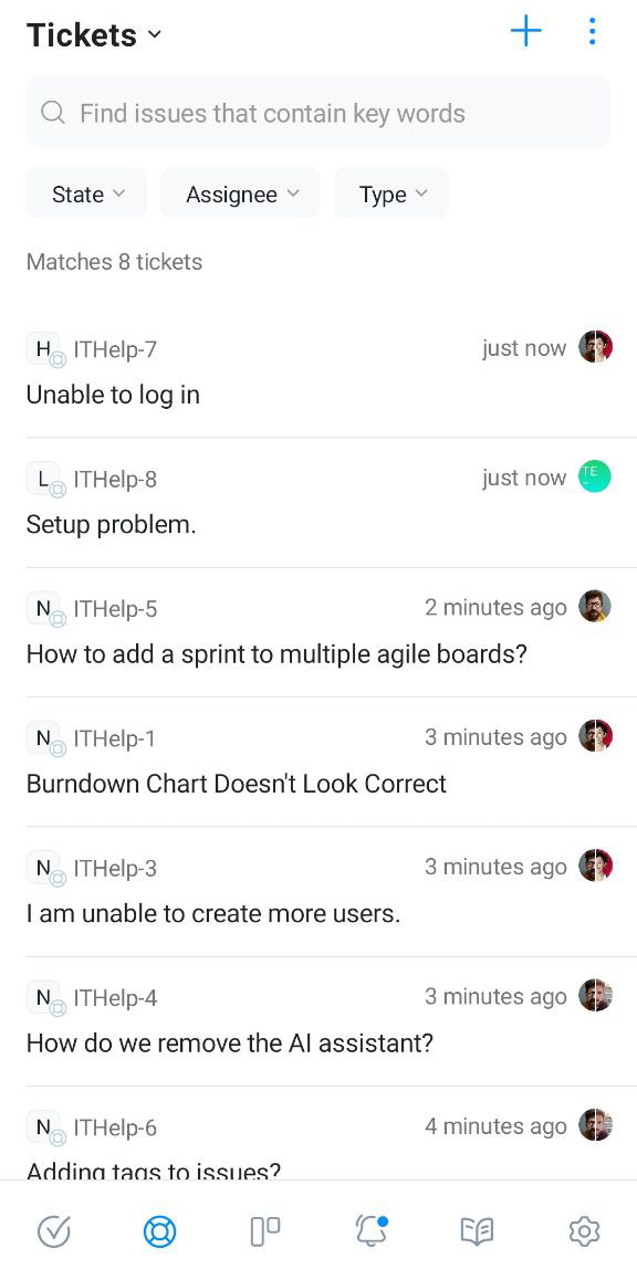 The ticket list in YouTrack Mobile. The ticket list in YouTrack Mobile.