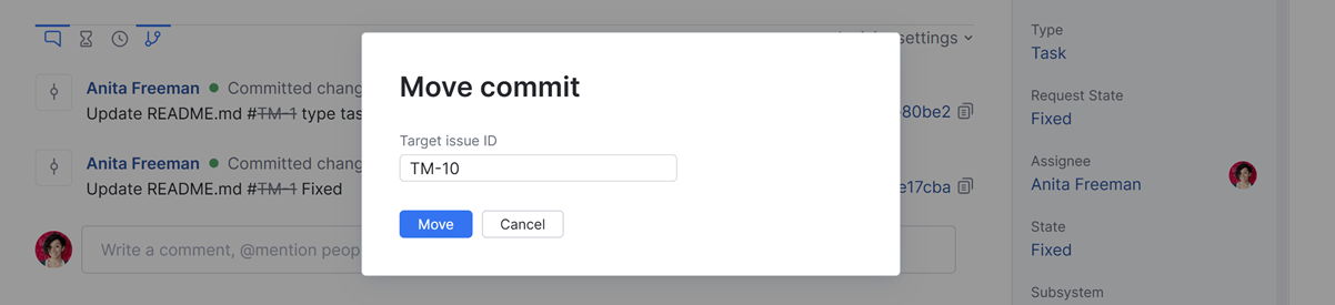 Dialog for moving commit to another issue. Dialog for moving commit to another issue.