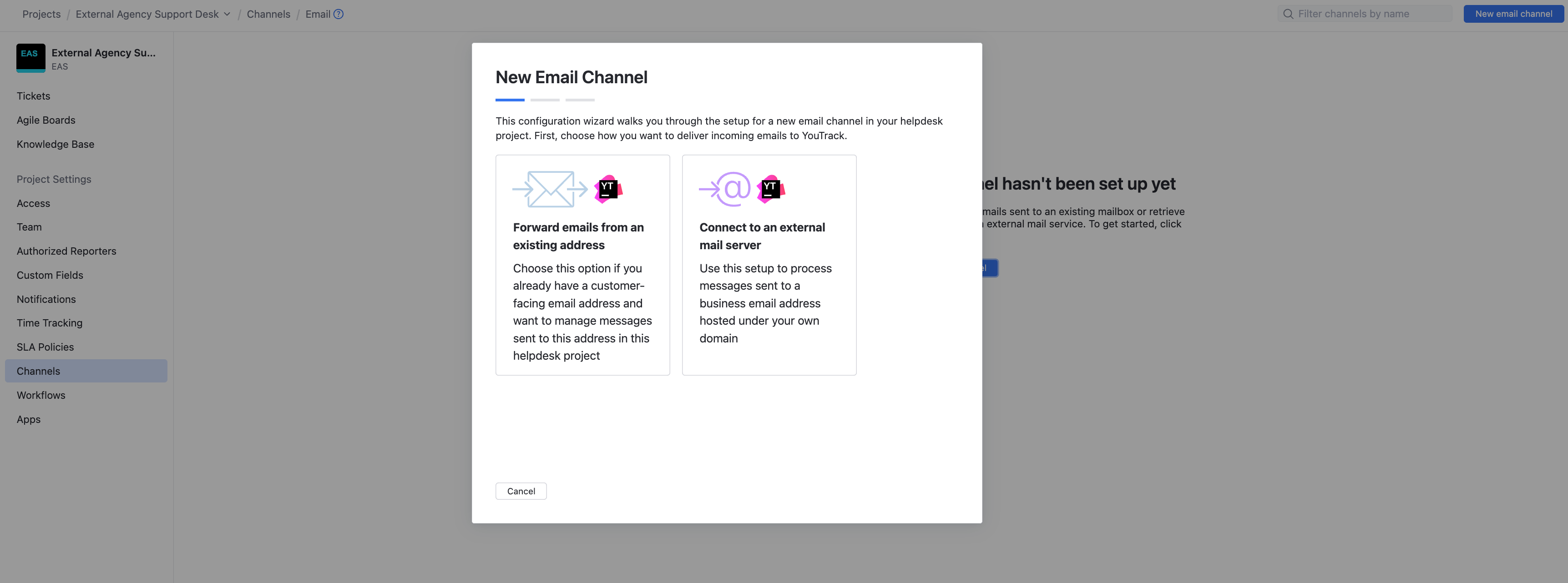 The New Email Channel dialog. The New Email Channel dialog.