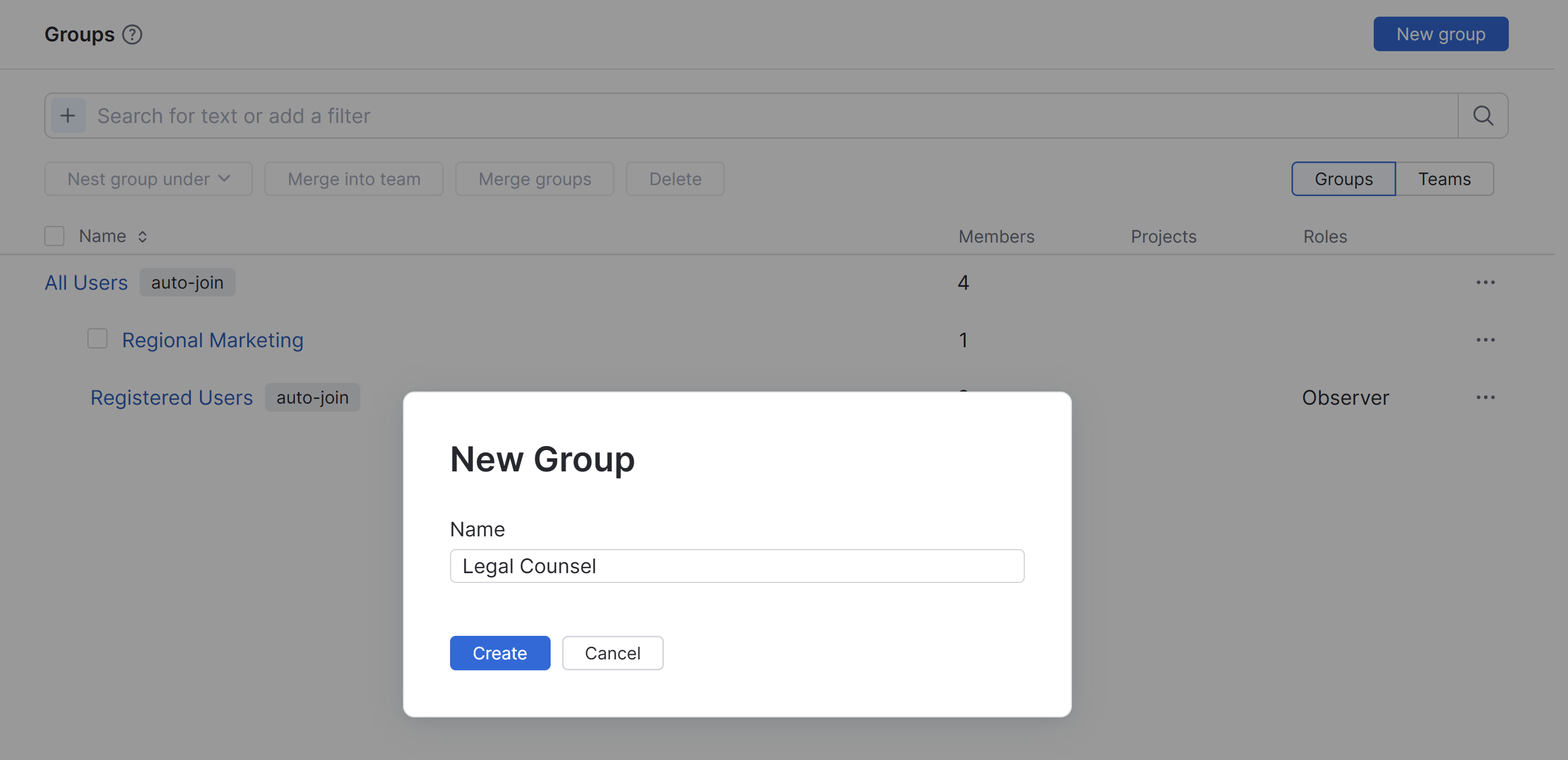 The dialog for adding a new group. The dialog for adding a new group.