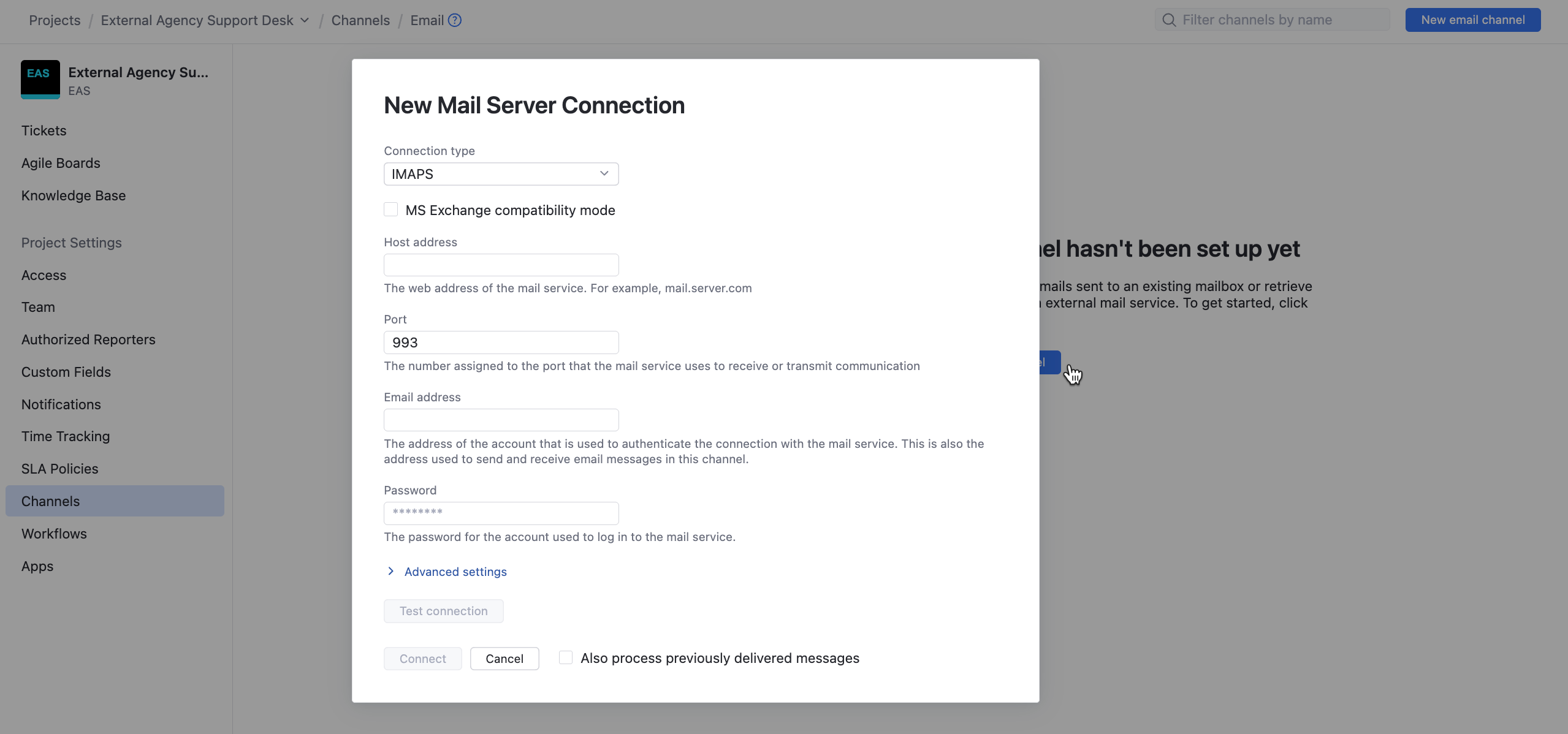 The New Mail Server Connection dialog. The New Mail Server Connection dialog.