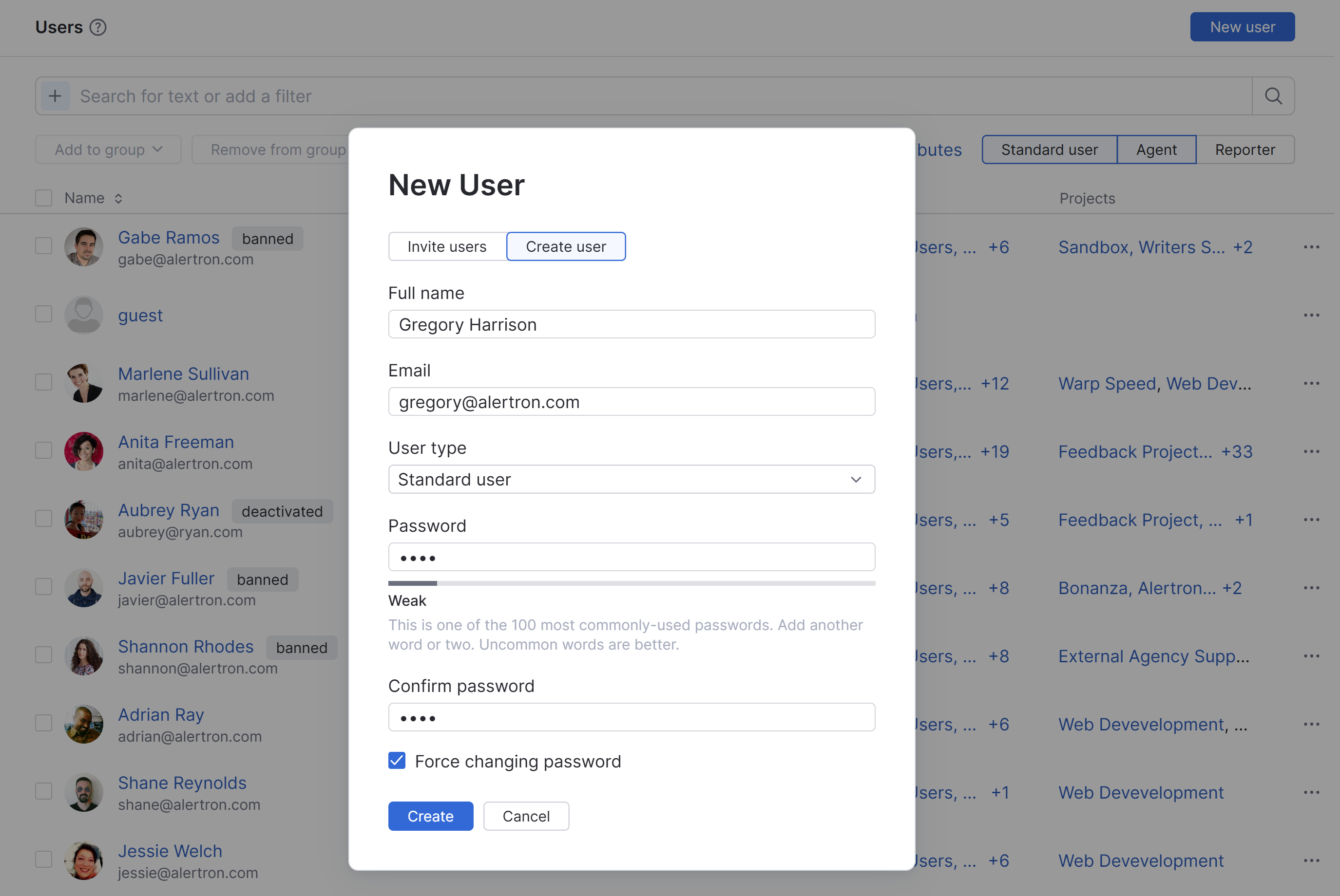 The dialog for adding users to YouTrack by creating a new user account. The dialog for adding users to YouTrack by creating a new user account.