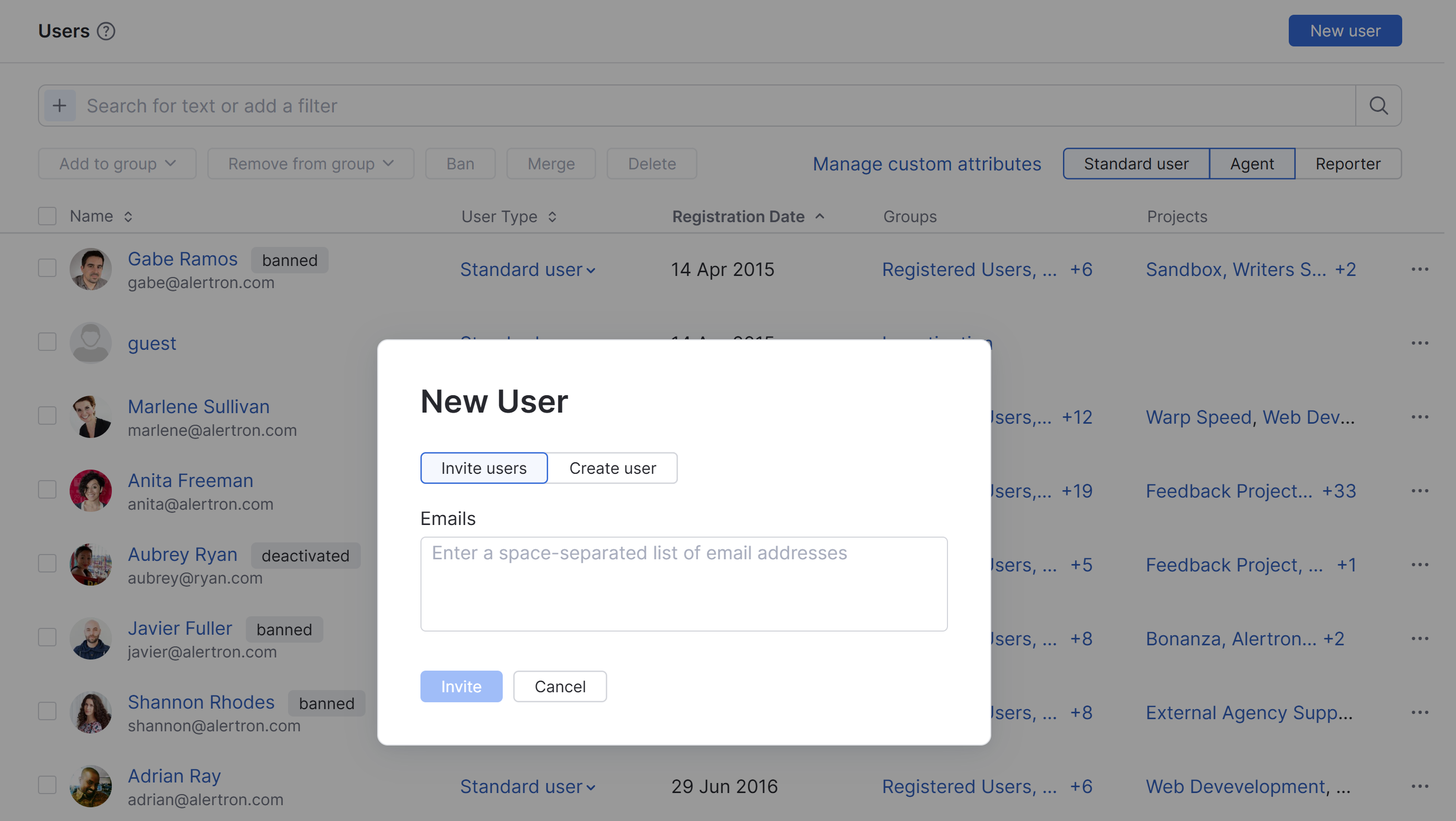 The dialog for adding users to YouTrack by sending invitations by email. The dialog for adding users to YouTrack by sending invitations by email.
