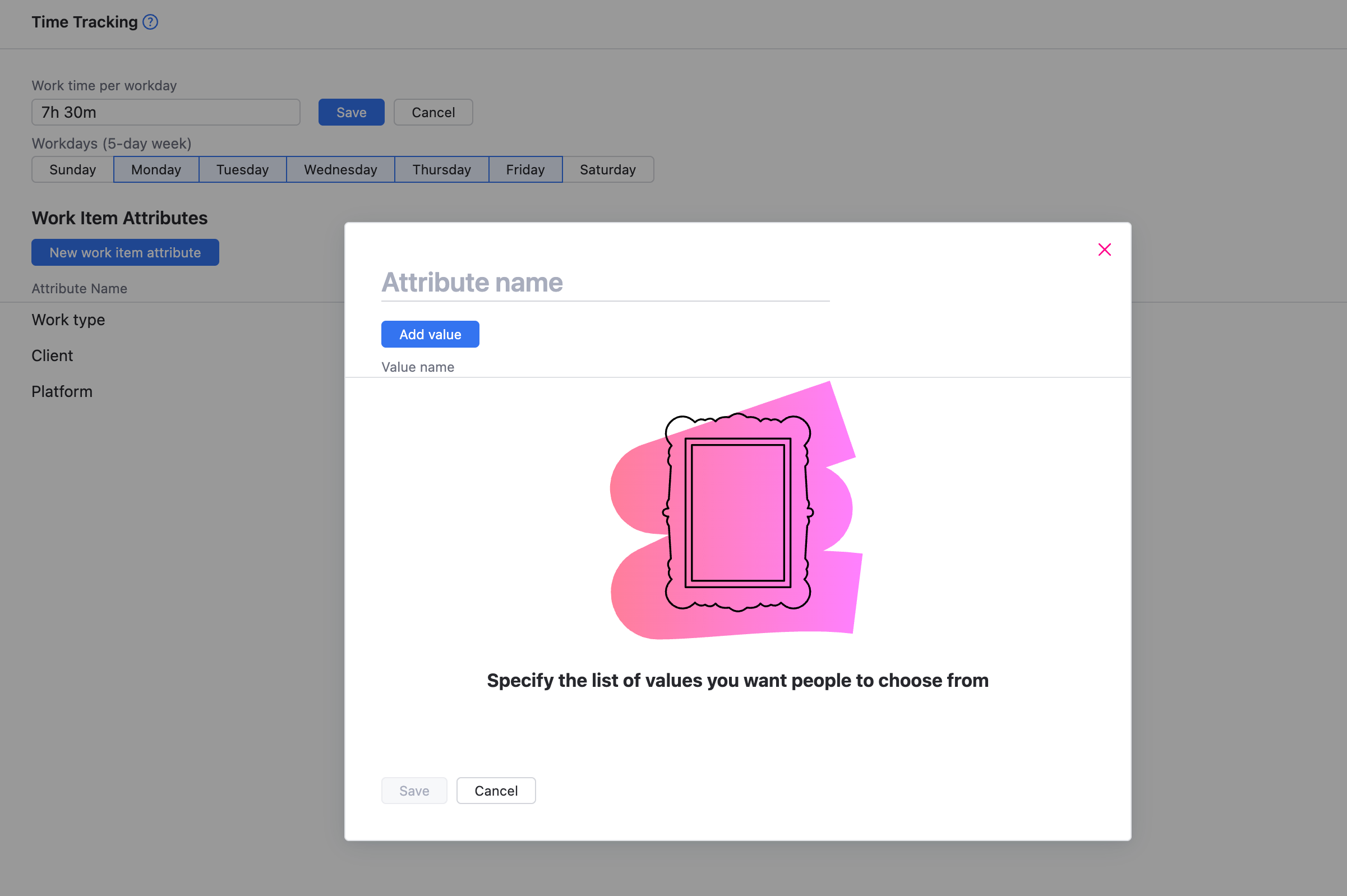 The dialog for adding a new work item attribute. The dialog for adding a new work item attribute.