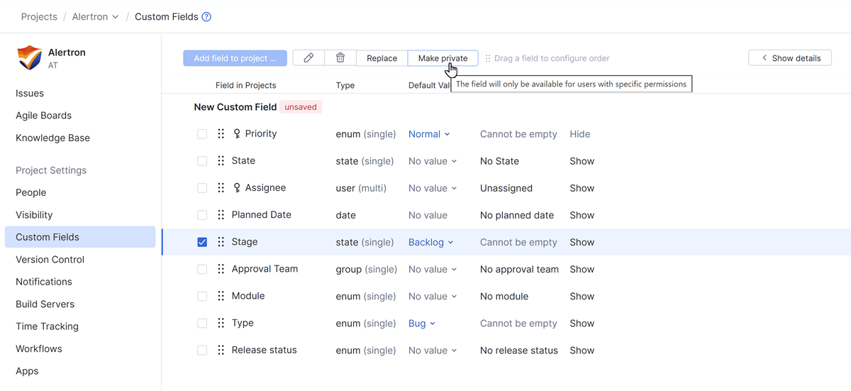 Private fields per project. Private fields per project.
