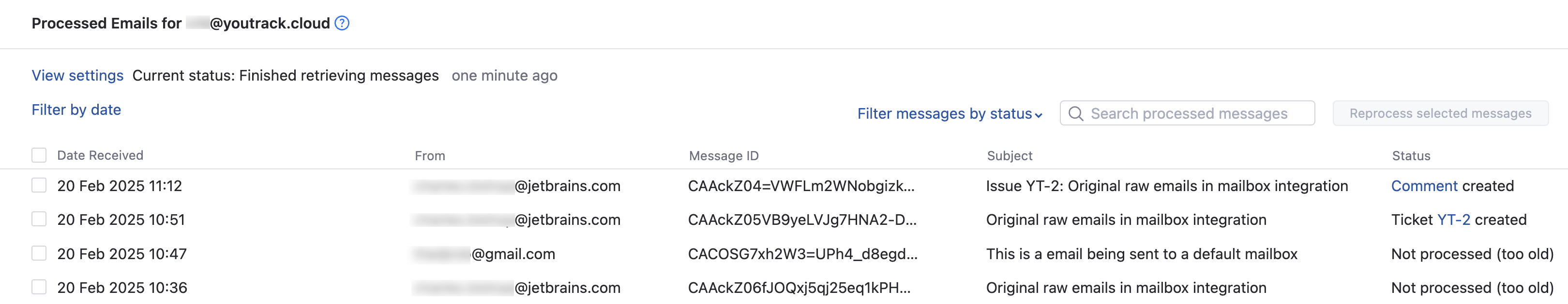 The list of processed email for an integrated mailbox. The list of processed email for an integrated mailbox.