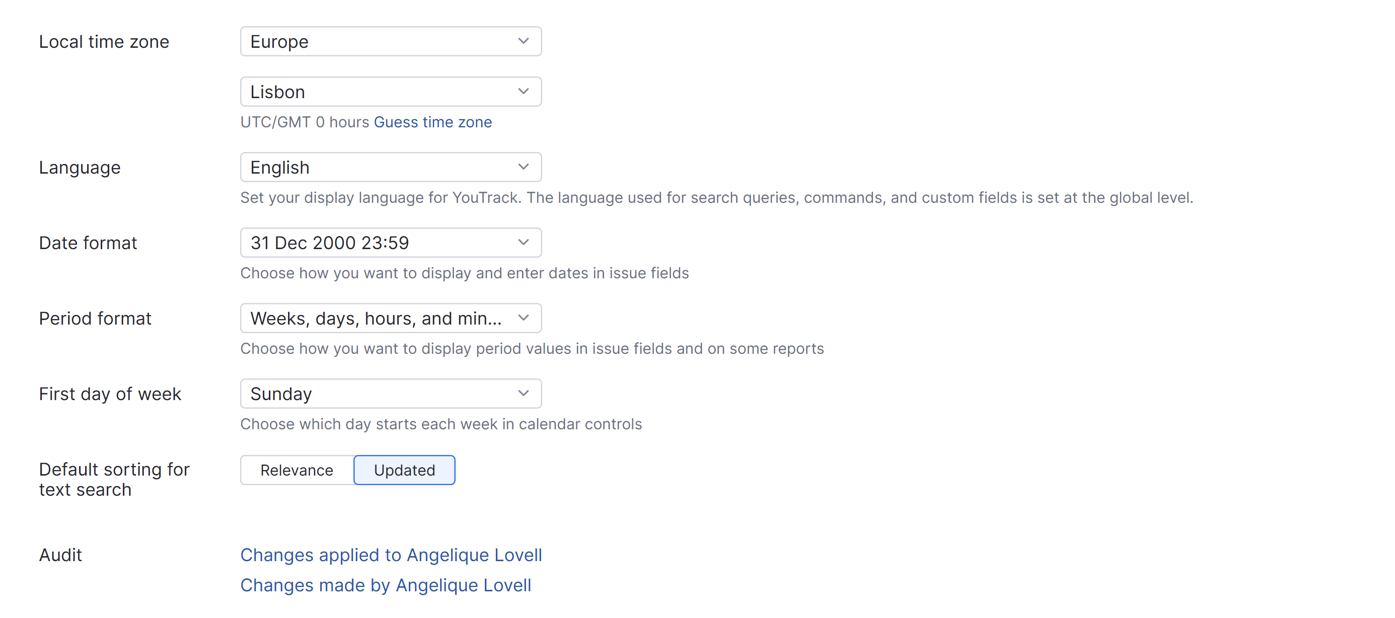 YouTrack general profile settings YouTrack general profile settings