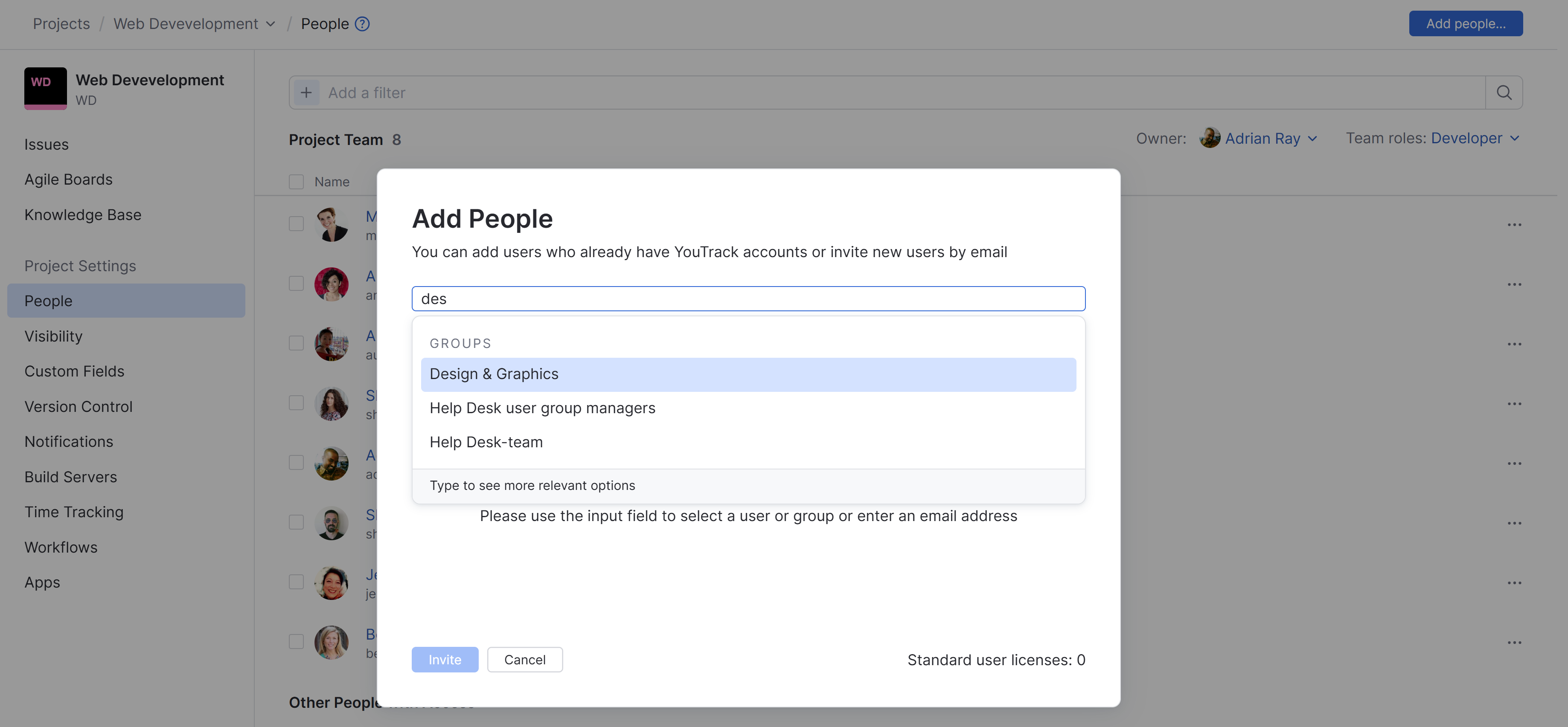 The dialog for adding people to a project. The dialog for adding people to a project.