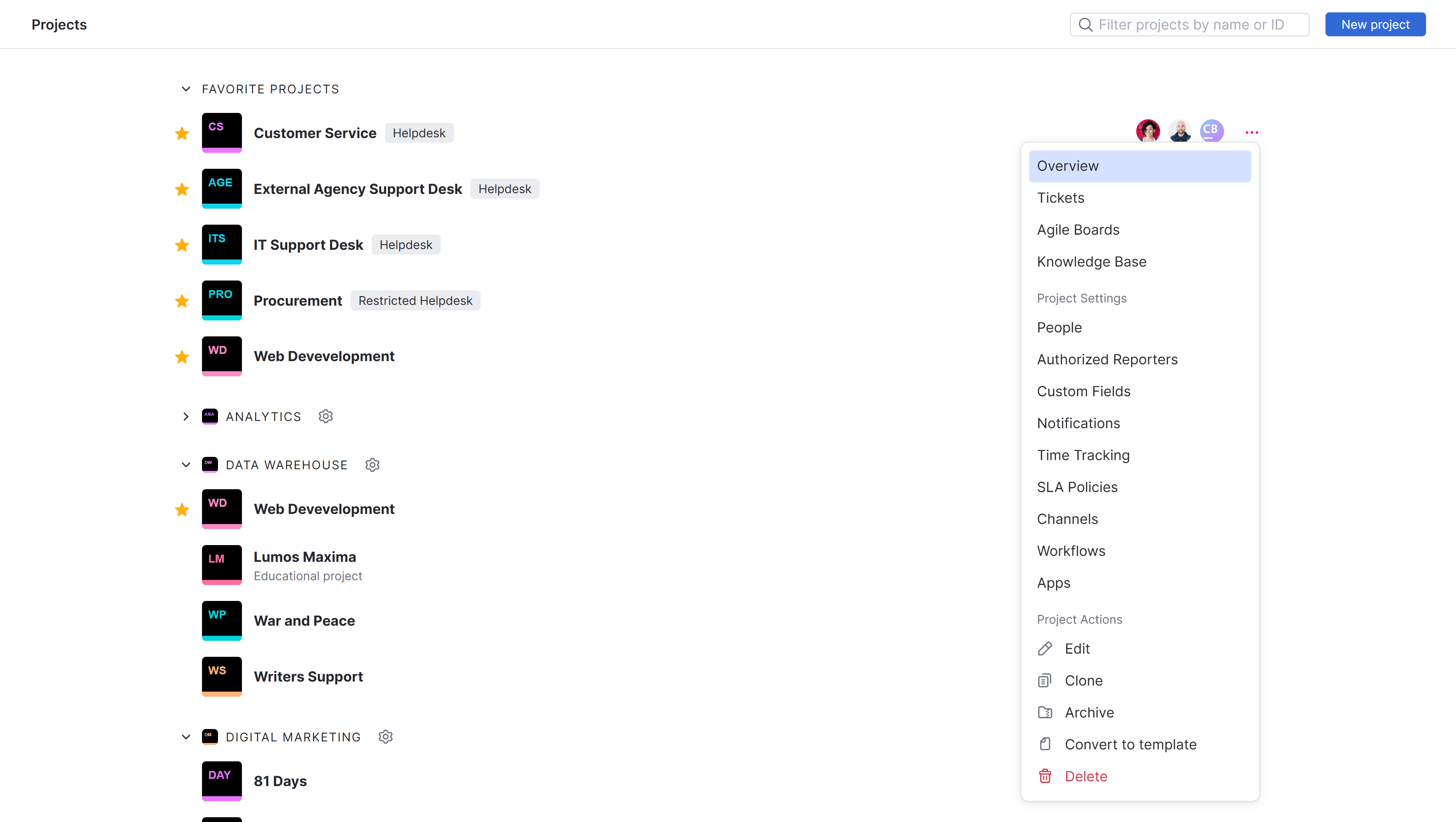 access project settings from Projects list access project settings from Projects list