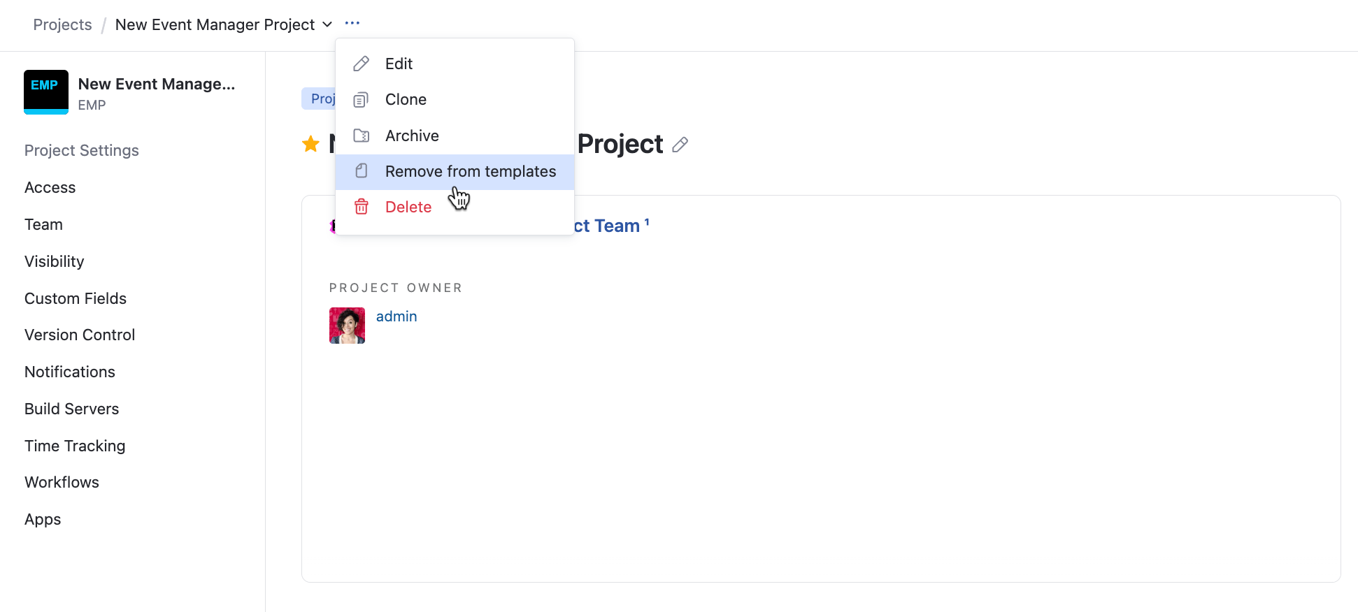Remove project templates selection in the project overview. Remove project templates selection in the project overview.