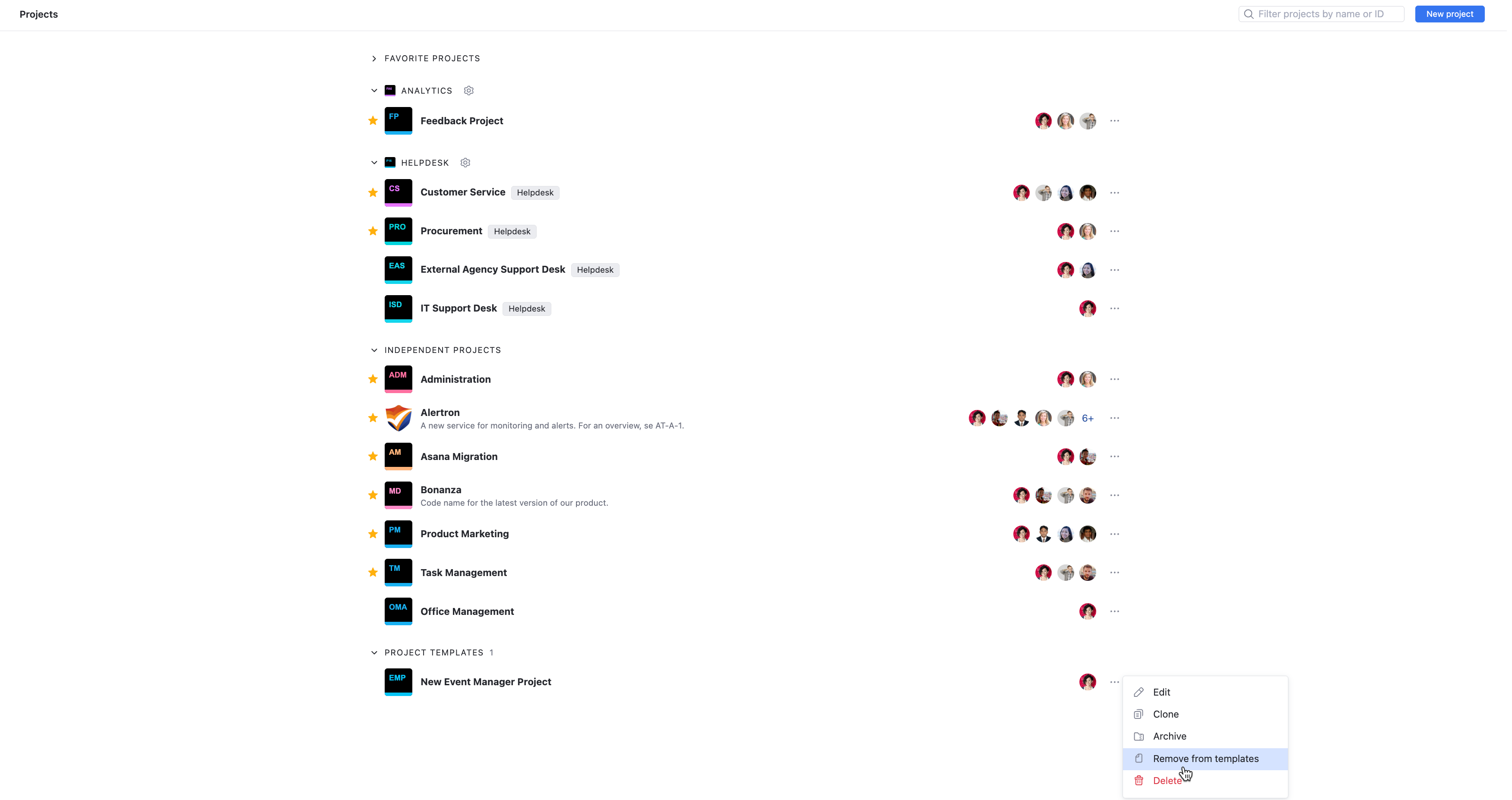 Remove project templates selection in the project list. Remove project templates selection in the project list.