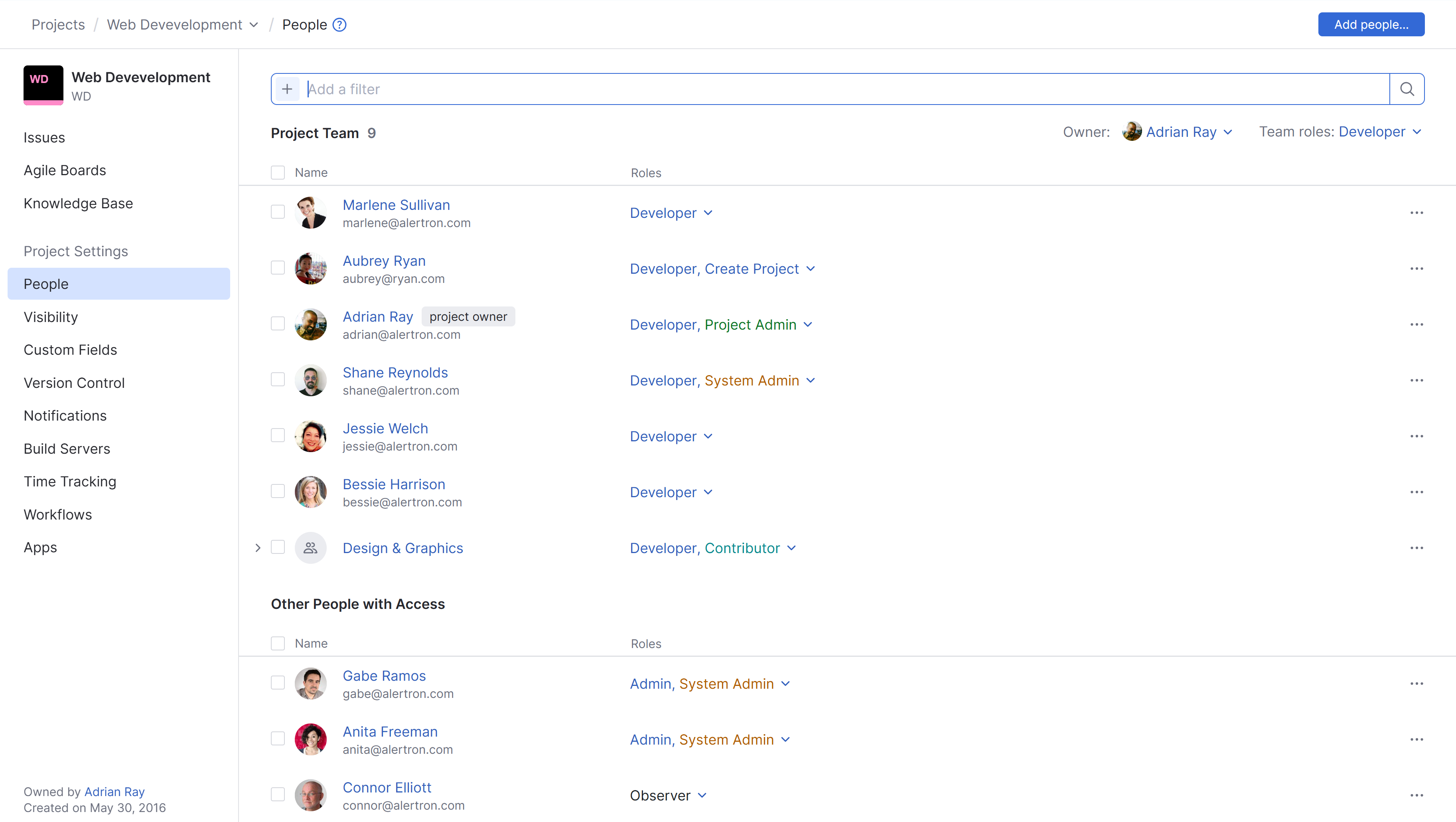 The People settings in a YouTrack project. The People settings in a YouTrack project.