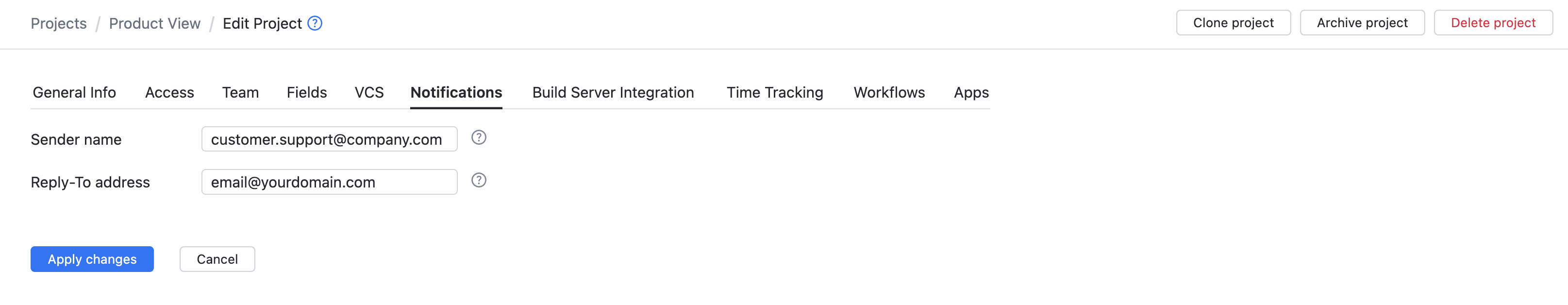Notifications tab in the project settings Notifications tab in the project settings