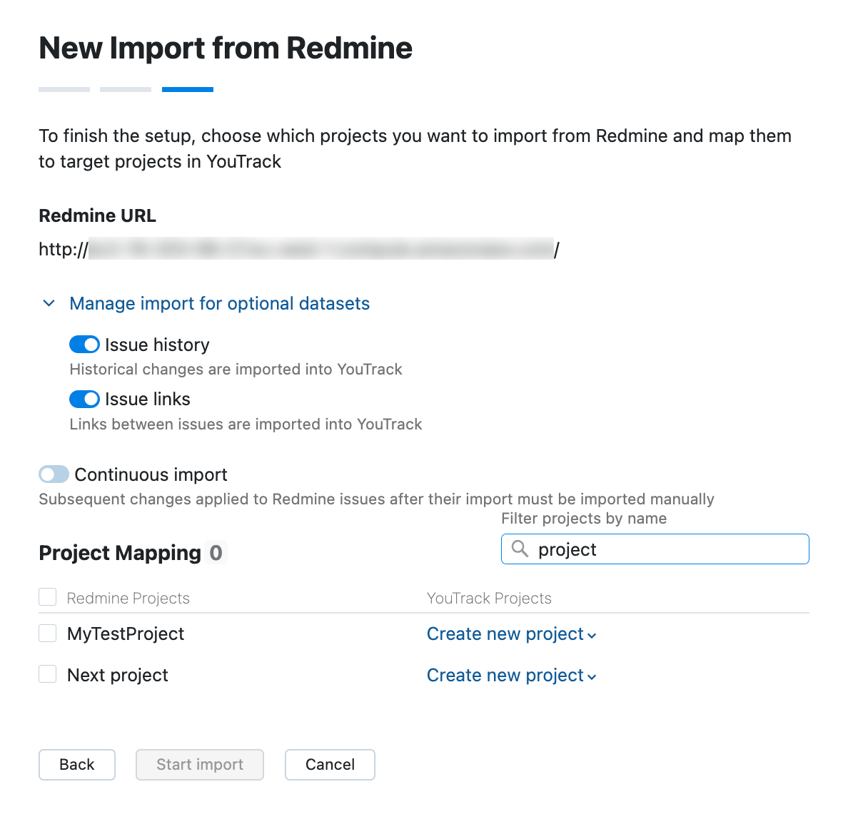 Confirm settings and start import Confirm settings and start import