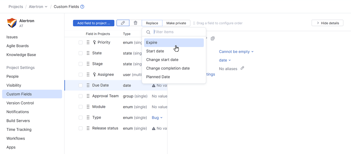 Replace custom field in project Replace custom field in project