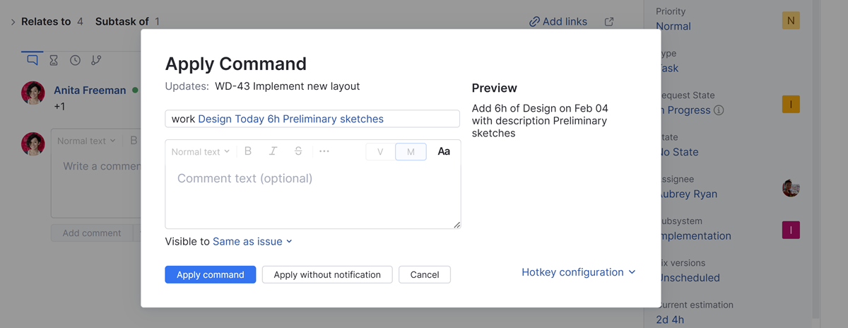 Sample command for adding a work item to an issue. Sample command for adding a work item to an issue.