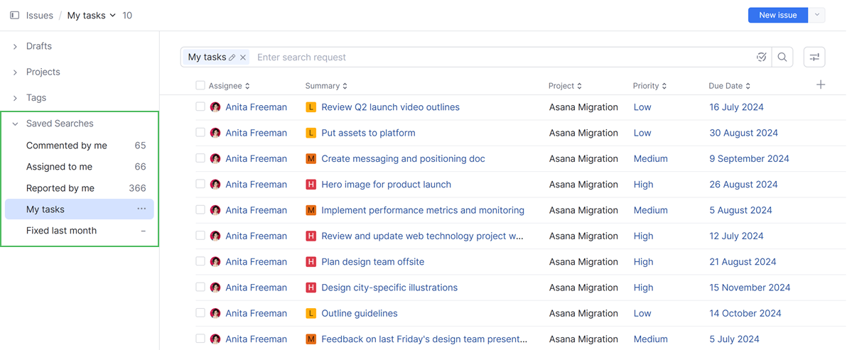 Saved searches section of the issue sidebar in YouTrack. Saved searches section of the issue sidebar in YouTrack.