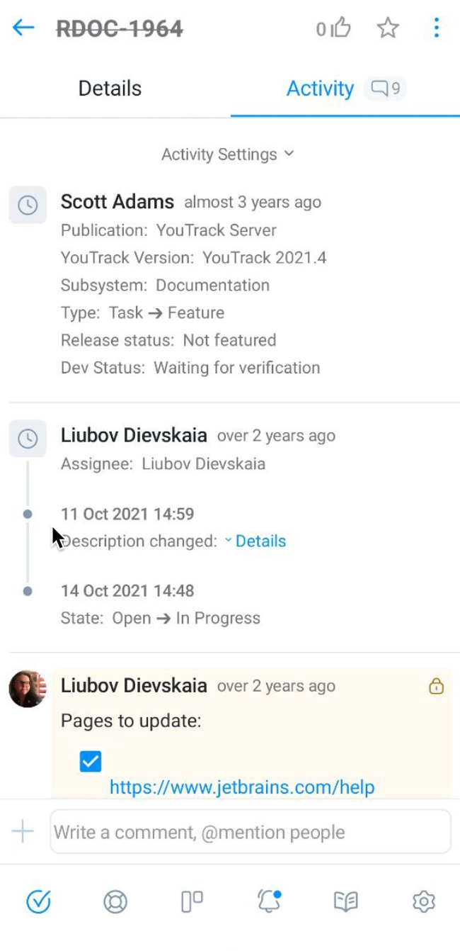 Activity tab for single issue in YouTrack Mobile. Activity tab for single issue in YouTrack Mobile.