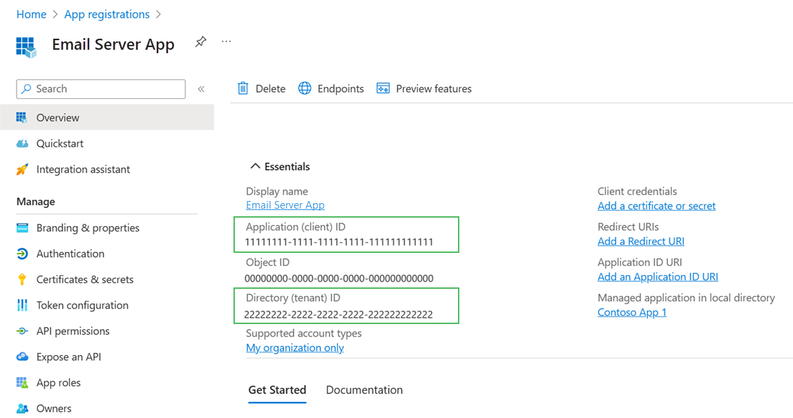 Application and Directory ID settings for the client application. Application and Directory ID settings for the client application.