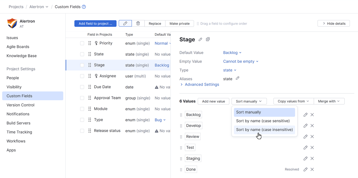 Sort values by name in project Sort values by name in project
