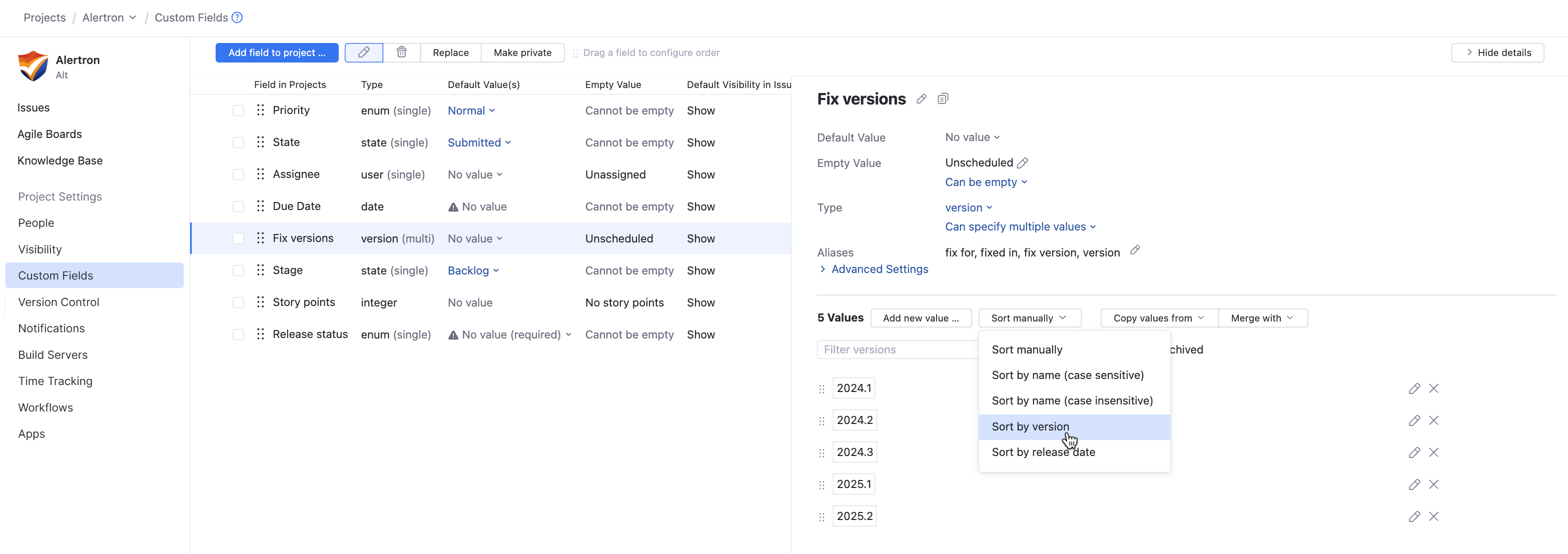 Sort values by version in project Sort values by version in project