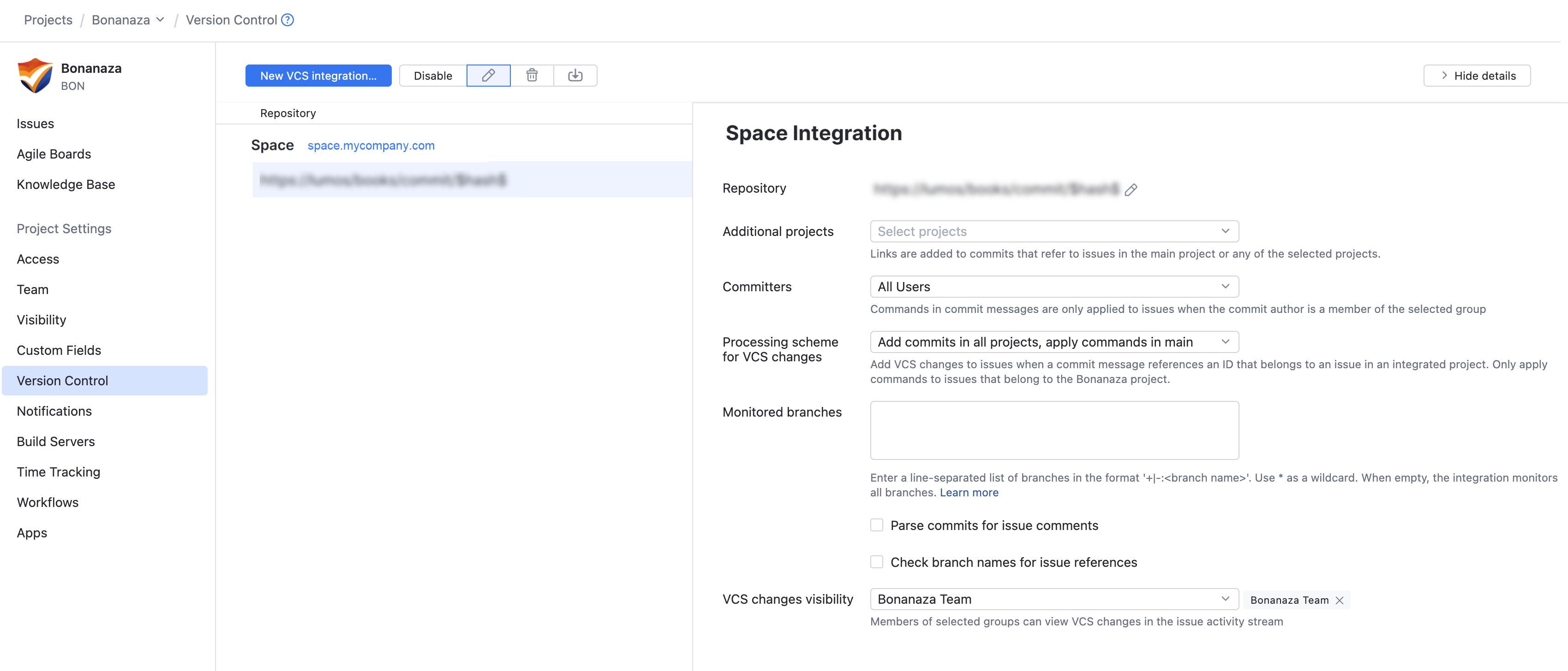Space integration settings Space integration settings