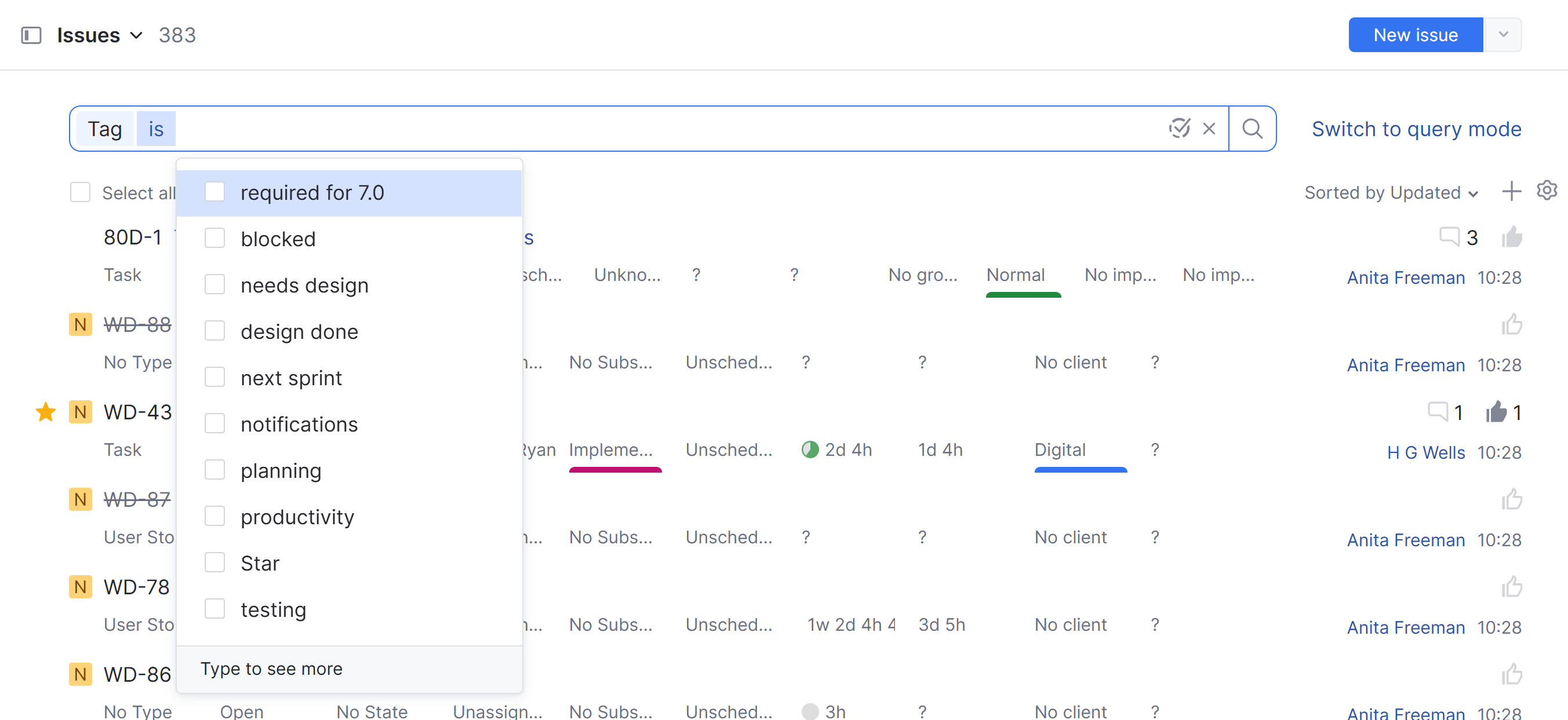 Finding issues by tag in filter mode.