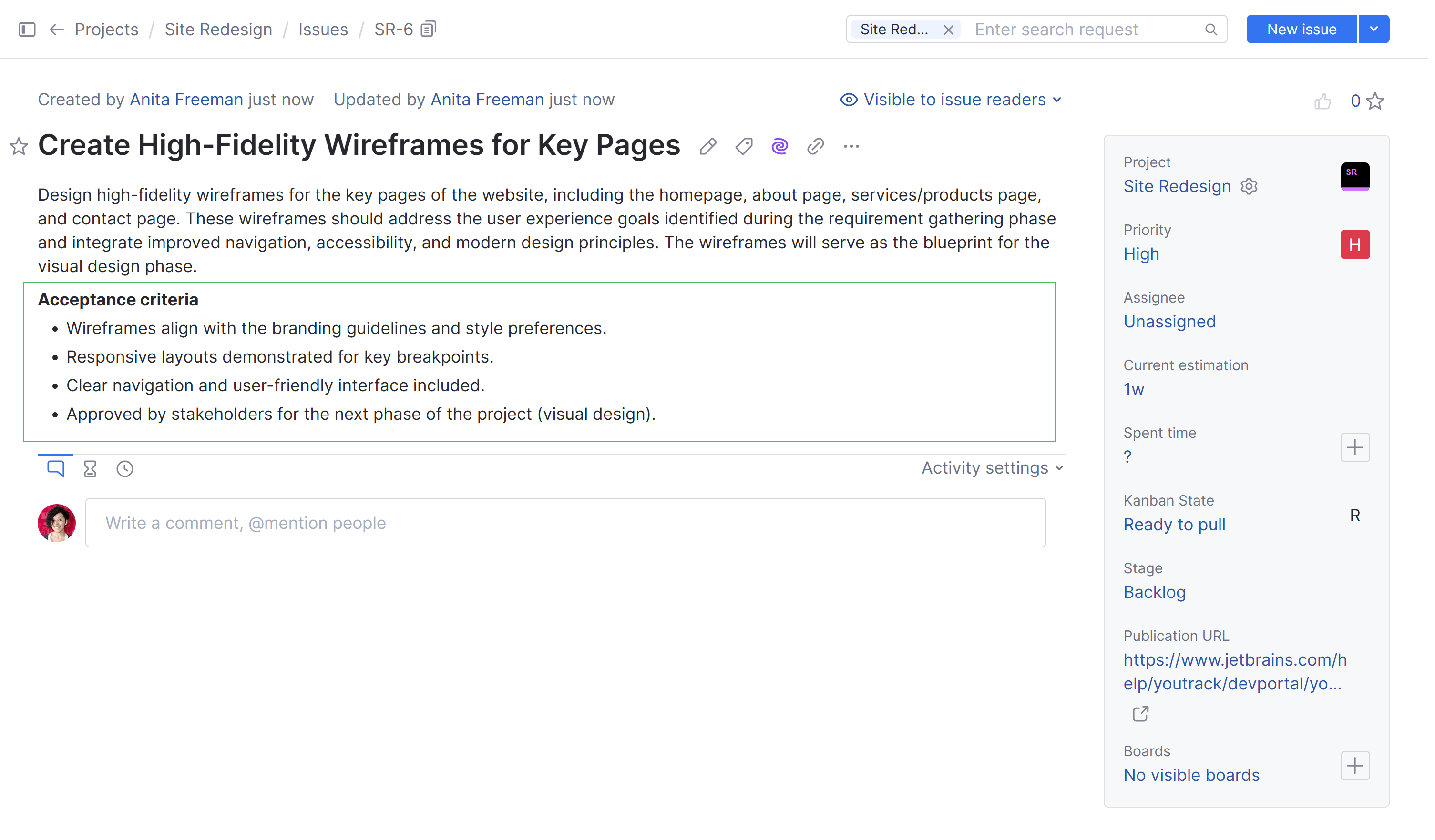Text field single issue view Text field single issue view