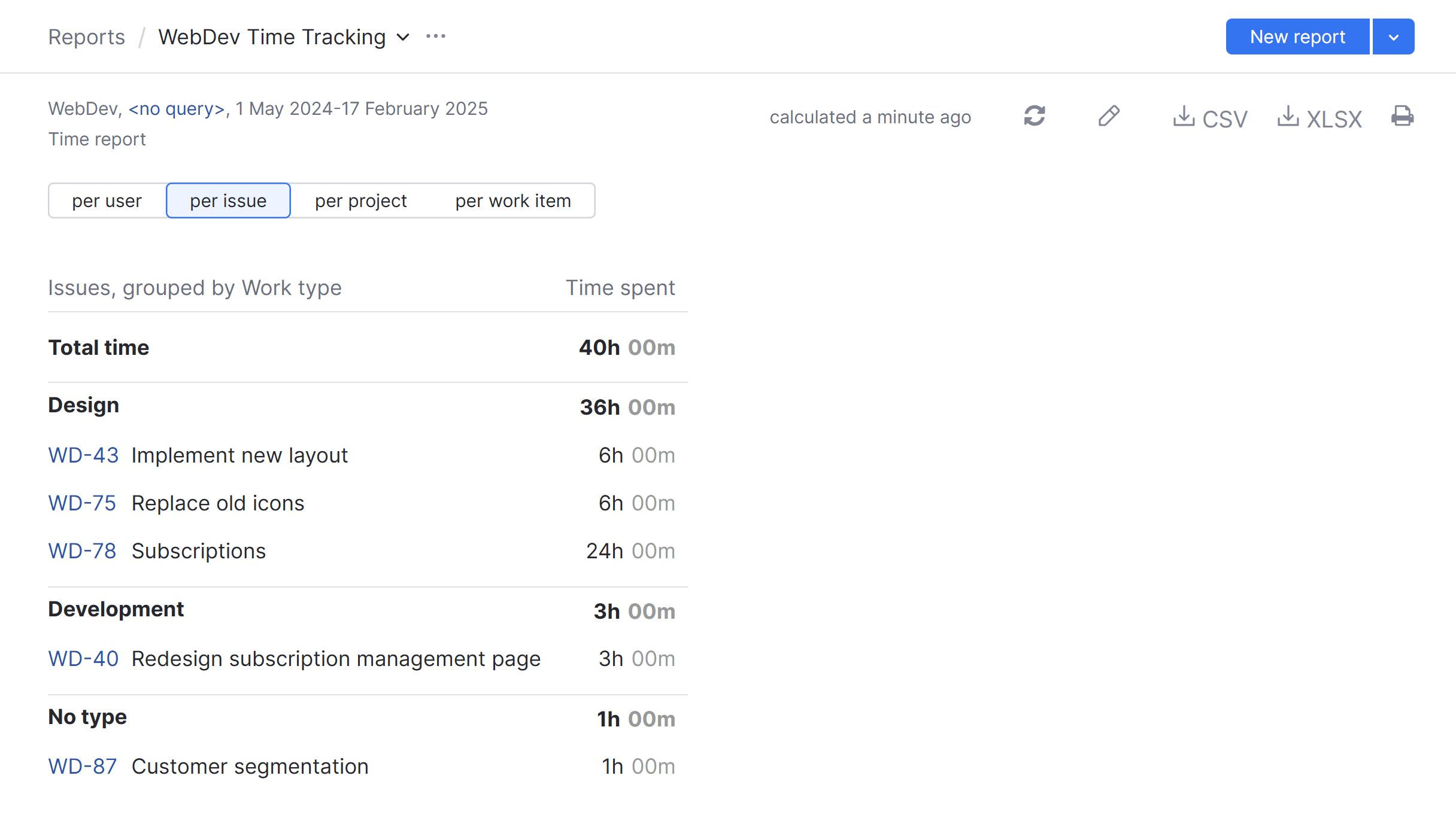 Time report grouped by work type. Time report grouped by work type.
