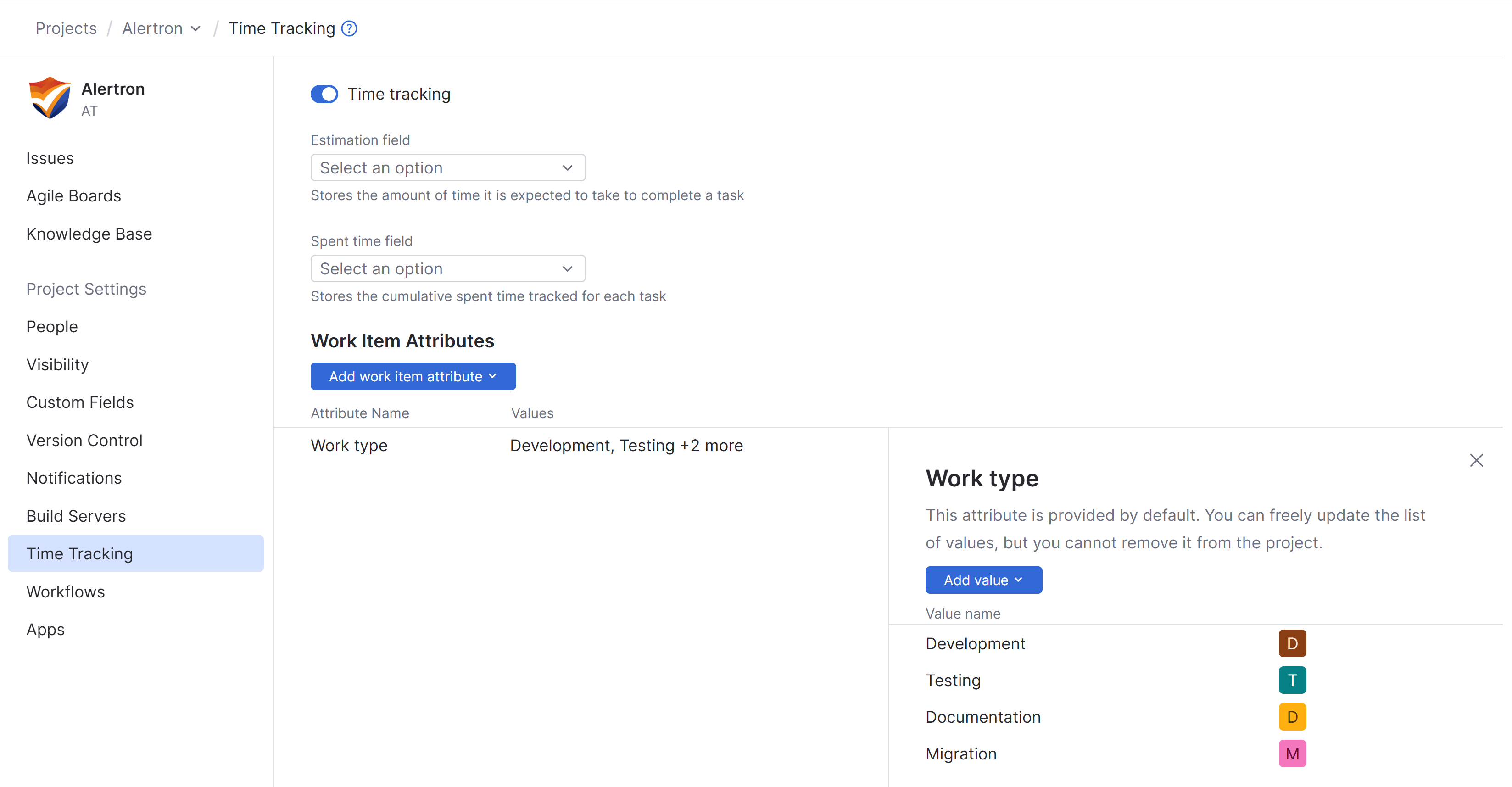 Time tracking settings in project Time tracking settings in project