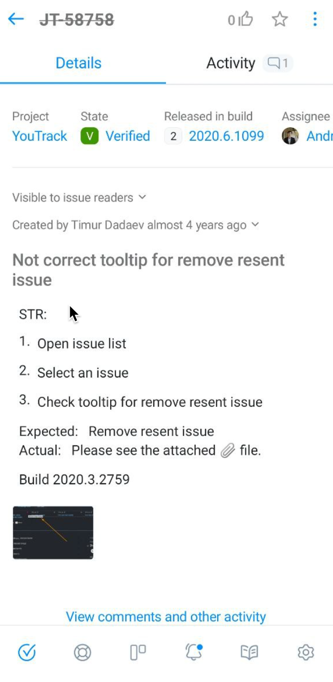Details tab for single issue in YouTrack Mobile. Details tab for single issue in YouTrack Mobile.