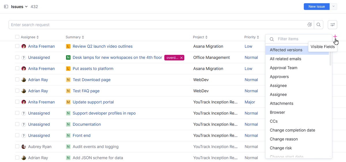 The panel for selecting visible fields in the issue list. The panel for selecting visible fields in the issue list.