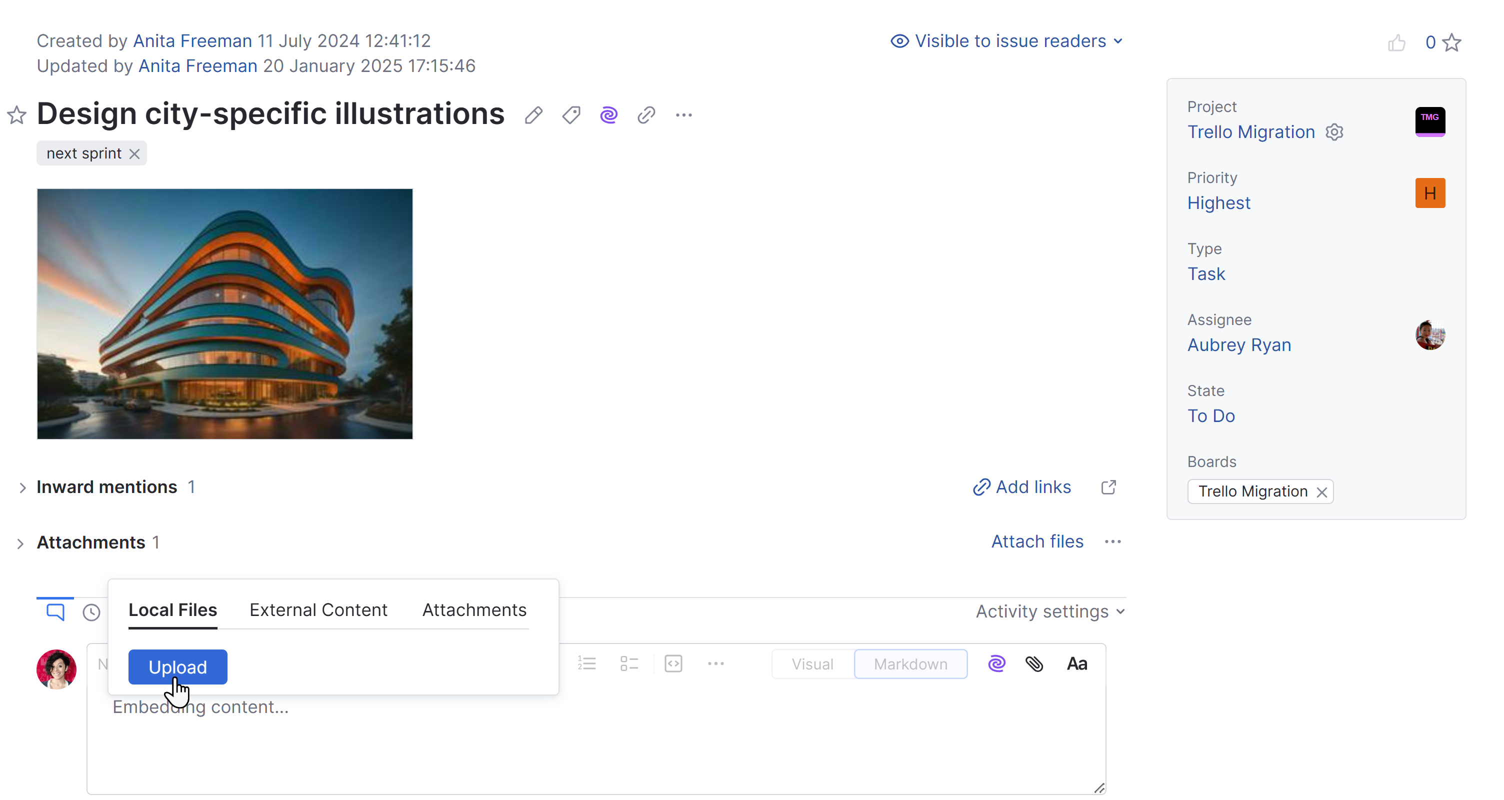 Option to upload an image in the rich text editor. Option to upload an image in the rich text editor.