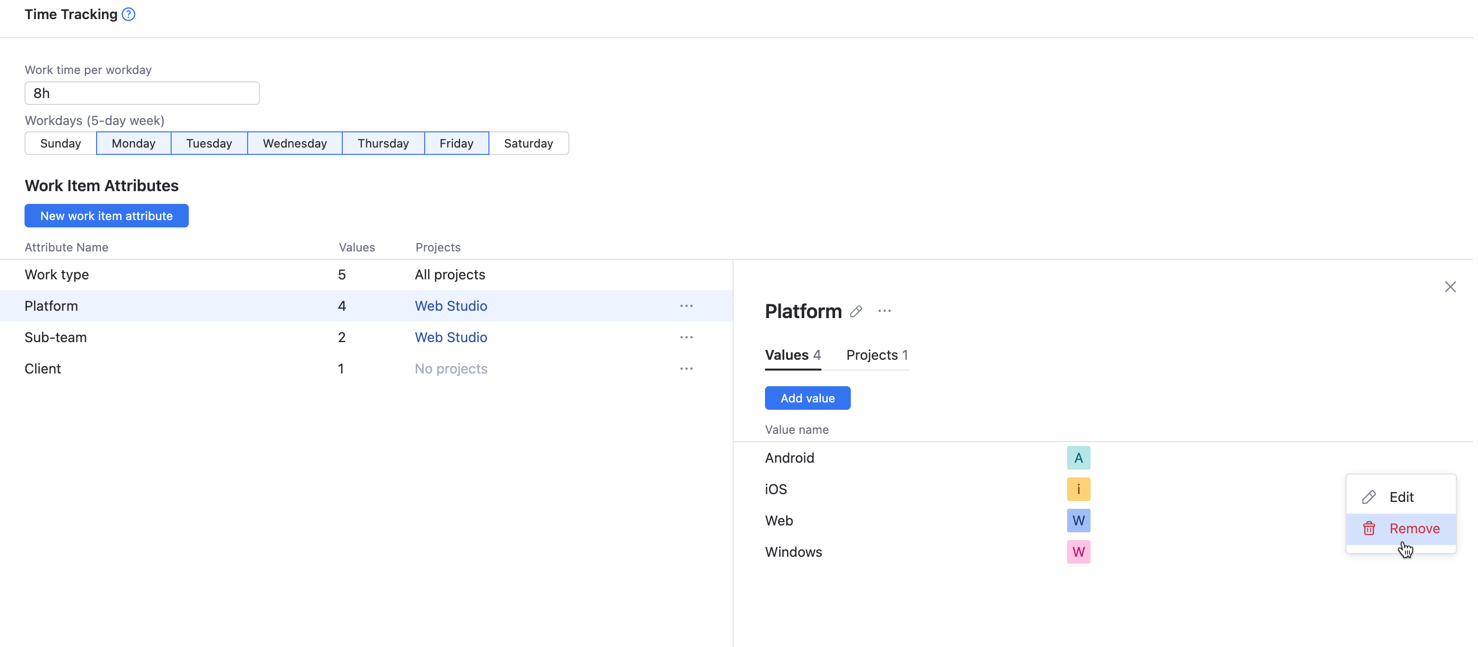 Option for deleting a work item attribute. Option for deleting a work item attribute.