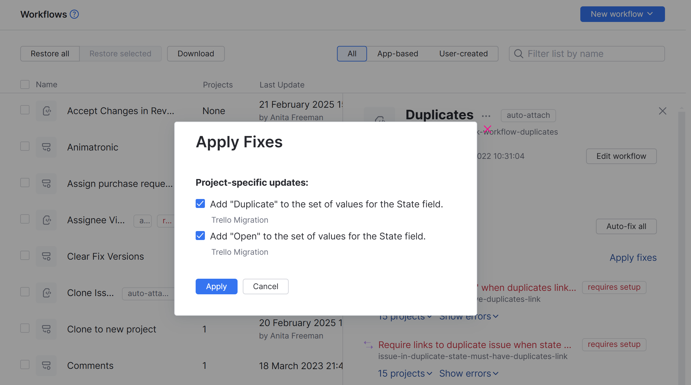 The Workflow Auto-fix dialog. The Workflow Auto-fix dialog.