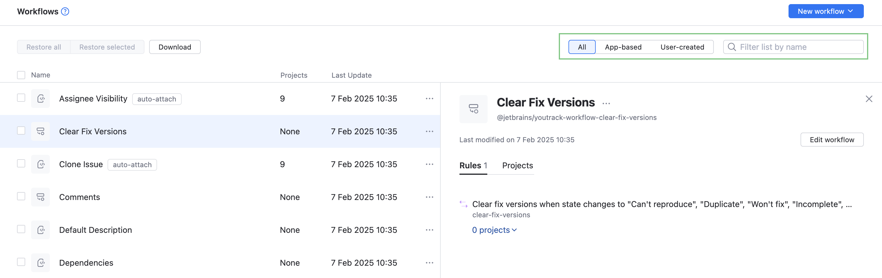 Attach workflow to selected projects. Attach workflow to selected projects.