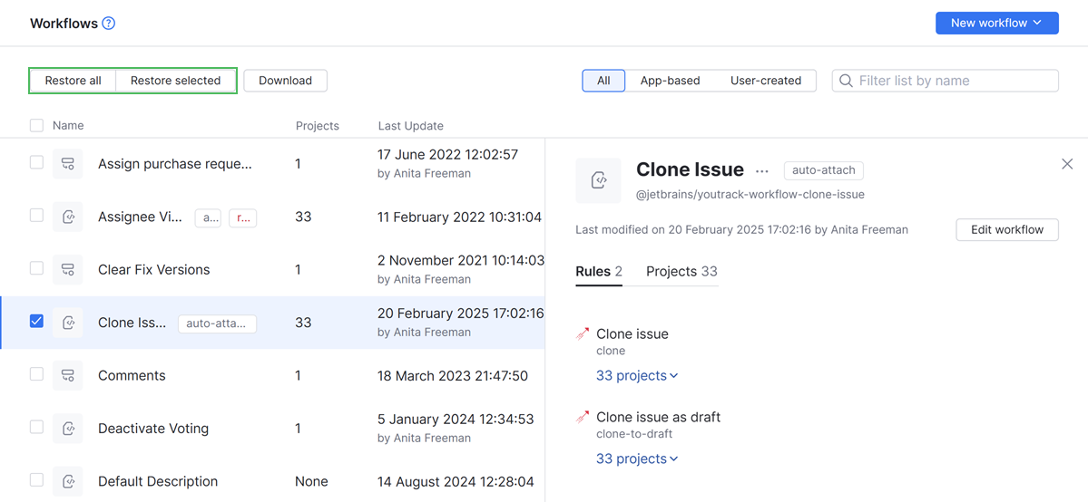 Workflows restore Workflows restore