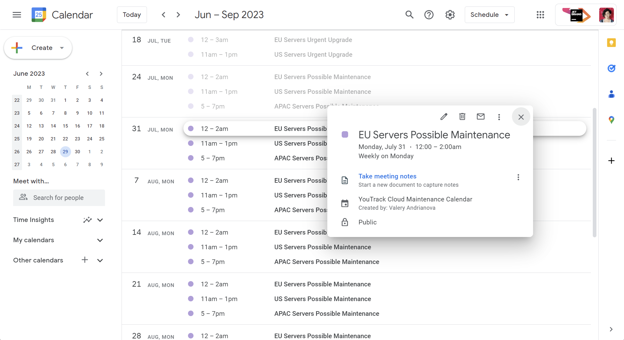 The YouTrack Cloud maintenance calendar The YouTrack Cloud maintenance calendar