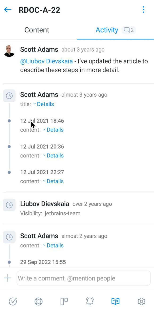 Article activity in YouTrack Mobile. Article activity in YouTrack Mobile.