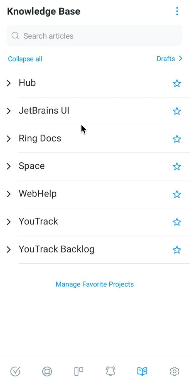 The knowledge base in YouTrack Mobile. The knowledge base in YouTrack Mobile.