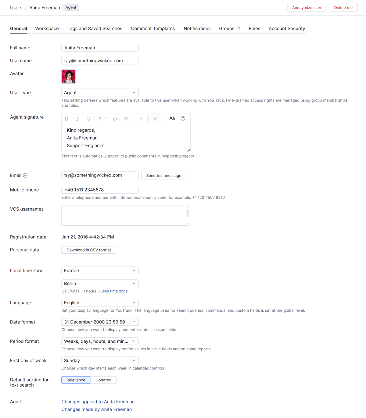 The General settings tab for a YouTrack account. The General settings tab for a YouTrack account.