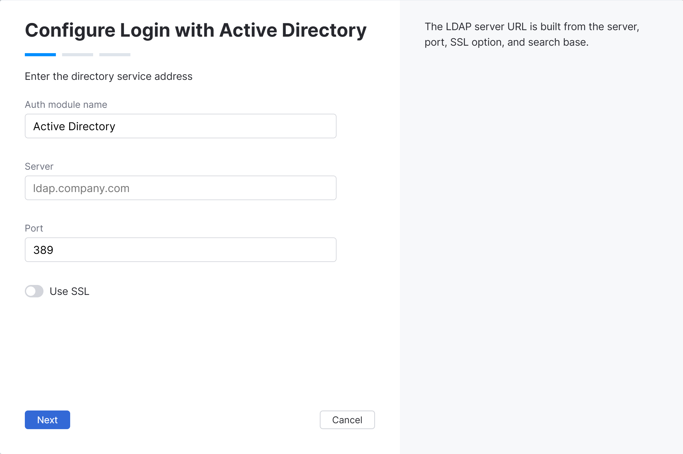 Wizard step for Active Directory server address. Wizard step for Active Directory server address.